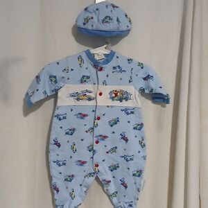 3 Blue Baby One Piece with Car Print And Matching Hats
